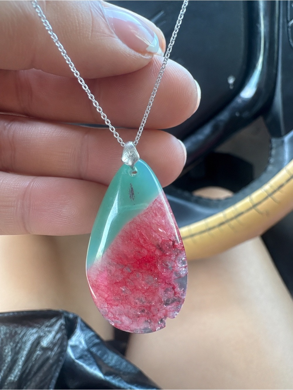 Handcrafted Teardrop agate Green and Pink Stone Pendant Necklace - Women Jewelry
